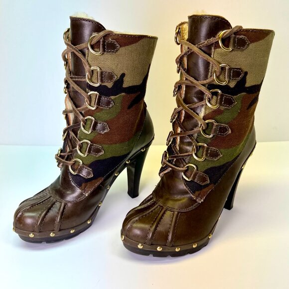 Michael Kors Shearling Lined Lace Up Grommet Camo Boots Size US 7 M Camouflage - Picture 3 of 15
